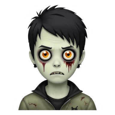 zombie boy, black shaggy hair, emo look, dark circles under eyes, spooky and creepy expression sticker
