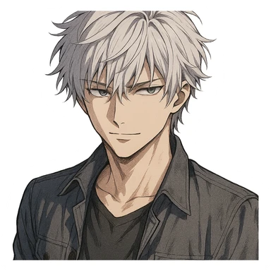 male anime character with silver hair, slightly tousled hairstyle, mysterious expression, detailed anime style, no background sticker