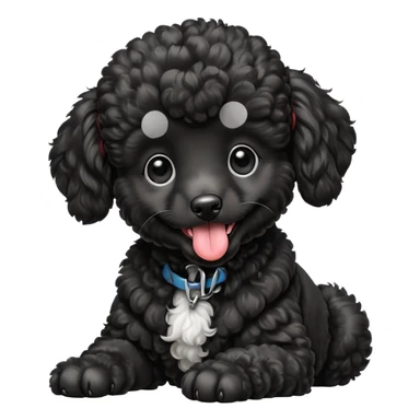 A high-resolution square-format digital illustration of a black poodle puppy in a clean, emoji-inspired semi-realistic style. The poodle is shown from the chest up, facing forward with a slight tilt of the head to the left, tongue out playfully. sticker