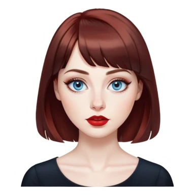 Artistic woman with pale skin, oval face, large blue eyes with eyeliner, thin eyebrows, small nose, red lipstick, dark auburn hair with bangs and slight waves, wearing a stylish black top, creative expression sticker