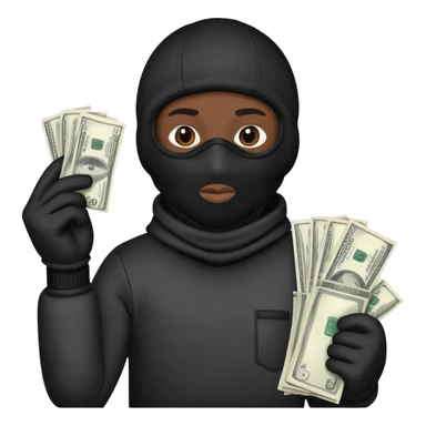 Ski mask holding money bag with black face like skin color black sticker
