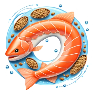Floating arrangement of omega-3 rich foods: fresh salmon fillets, walnuts, flaxseeds, chia seeds and omega-3 capsules, all emitting a soft golden glow. The foods orbit around a central shimmering omega symbol, with gentle flowing energy connecting them. sticker