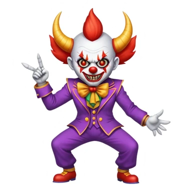 evil clown with horns, fangs, pointed ears, leisure suit, battle-ready, fighting posture sticker