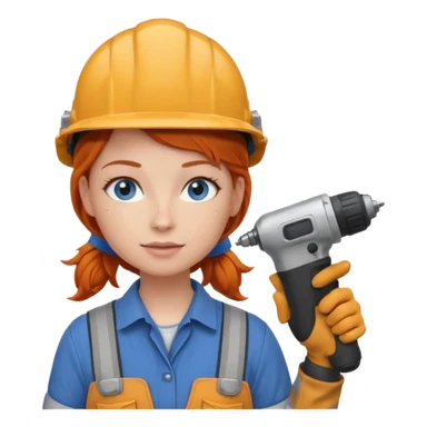 A ginger haired girl blue eyes, handyman Outfit, wearing a Helmet, with drill sticker