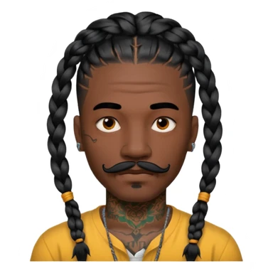 big lose braids starting from the top of the head man with mustache face wiith big visible loose only two braids and lots and lots of colored face tattoos colored tattoos like a tattoo artist hair unique color sticker