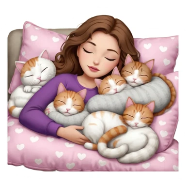 girl with long wavy brown hair, brown eyes, long lashes makeup, sexy pink lips, light to medium complexion,  sleeping on a cozy pillow, with 6 cats: 1 brown and white tabby cat, 1 ginger and white, 2 grey and white, 1 grey with white mittens and small white patch on chest and 1 calico, sleeping sticker