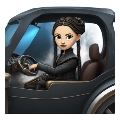 Jedi bounty hunter Wednesday Addams racing sitting in a modern blue,red and pewter steampunk electric luxury sticker