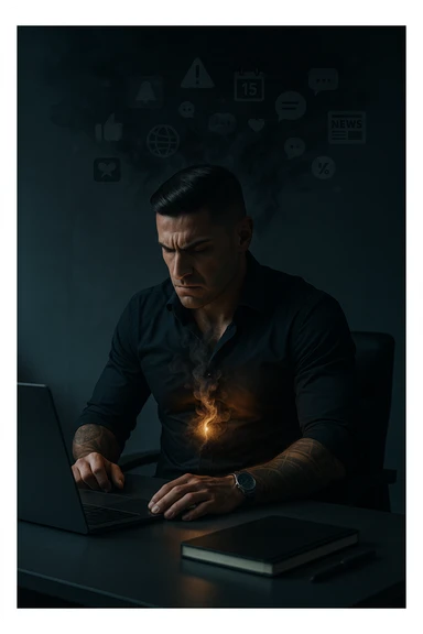 A highly realistic, cinematic image of a young man in his early 30s, sitting at a modern office desk under harsh artificial lighting, shoulders hunched, jaw clenched, and breathing shallowly, symbolizing how modern society forces people to live in a state of chronic tension and restricted breathing. Around him, faint black and grey visual elements represent notifications, deadlines, social media icons, and news alerts, swirling around his head like a chaotic storm, symbolizing societal pressure. His chest appears visually tight and compressed, and faint dark smoke emanates from his body, representing blocked breath and internalized stress. In contrast, a faint glowing light near his chest and abdomen tries to expand, symbolizing the innate desire of the body to breathe freely and deeply. The environment is cold and minimalistic, with a sense of stillness and tension, captured in a hyperrealistic 35mm film style with muted colors, focusing on the man's tense posture and restricted breathing to reflect the unseen burden of modern living. in italiano sticker