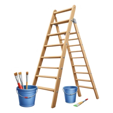 Wall painting icon, wall with an unfinished painting, no frame, a beautiful mural in progress, visible paintbrushes, rollers, and a bucket of paint, wooden ladder beside, minimalistic style, clean lines, transparent background. sticker