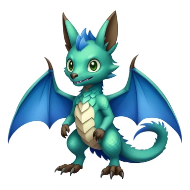 Cute cool fantasy animal hybrid bat-Sergal-Digimon-Fakemon full body, green scales, brown eyes, blue feathers sticker