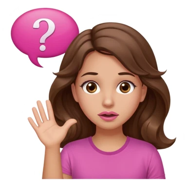 girl with long wavy brown hair, brown eyes, light to medium complexion, in a pink shirt, pink lips, long lashes, shugging, question mark one speech bubble sticker
