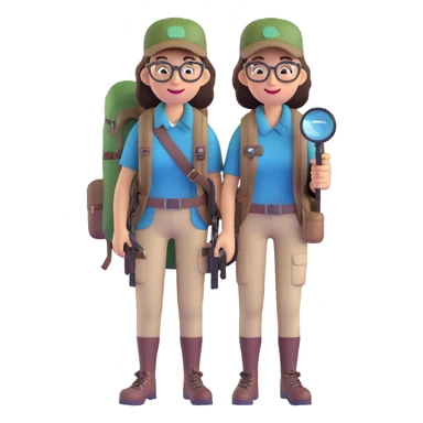 Happy female explorer with glasses, hiking outfit, backpack, holding a single magnifying glass sticker