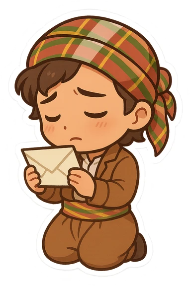Kurdish sticker, cartoon style, Kurdish man or woman in jamadani, looking at a photo or holding a letter, thoughtful or nostalgic expression, no text sticker