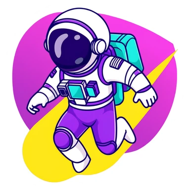 Stylized futuristic astronaut in mid-flight pose, sleek purple and neon teal suit, flat vector design, heroic silhouette, dynamic diagonal motion lines sticker