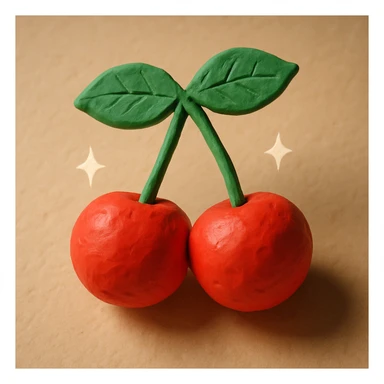 two cherries with green leaves, connected by stems, claymation style, visible texture, handcrafted look, sparkle effect around the cherries sticker