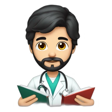 young spanish surgeon with black hair, black beard and stethoscope,reading a book sticker
