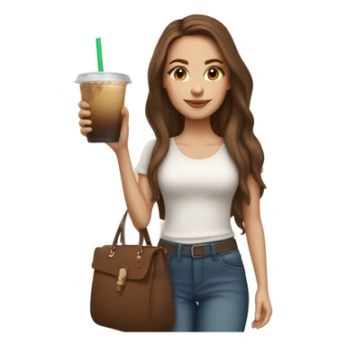 white girl with long brown hair and brown ice has a iced coffee in her hand and a beige handbag in her other hand. she wears a white top and a jeans sticker