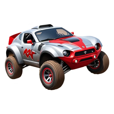 Satan’s (post race) Dirty and dented Local Motors Rally Fighter off road race car hot rod flying turning a tight corner (silver wheels) sticker