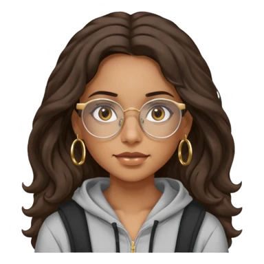 Make a girl with dark brown wavy hair and brown eyes she's tan latina and she has clear glasses and small hold hoop earings make her hair longer and her a hoodie sticker