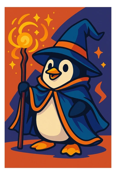 a penguin dressed as a wizard, holding a staff, with magical effects, vibrant cartoon style sticker