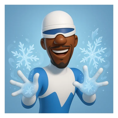 Frozone from The Incredibles, memoji style, blue and white suit, ice powers, friendly expression, cartoonish sticker