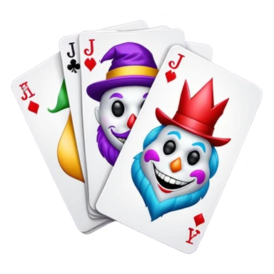 bunch of 3 poker cards, with crazy colorful jolly jokers inside, inversed face sticker