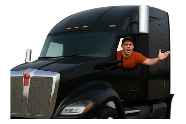 Zoom in closer on the cab of the truck. Make the person in the truck look angry, bald, wearing an orange shirt and a baseball cap. Keep the truck black with a chrome stack. Maintain a transparent background. sticker