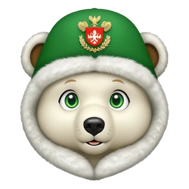 Sweet, cartoonish bear face with large green eyes, wearing white fur ushanka hat with accurate Russian Federation coat of arms centered, iOS emoji style sticker