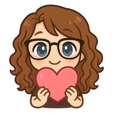 Create a chibi sticker emoji of the person in the reference image with glasses and curly hair, holding a heart. The style should be cute and expressive with a transparent background. sticker