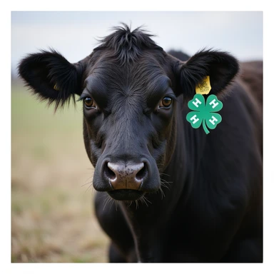 realistic 4-H black show steer with a green 4-H clover badge sticker