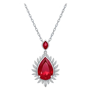 conceptual and ethereal teardrop ruby pendant with fiery light, a tiny phoenix feather emerging, haloed by shimmering white stones, and a silver chain, symbolizing rebirth sticker
