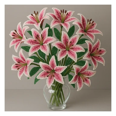 a bouquet of twelve french beaded pink stargazer lilies in a clear glass vase, vibrant pink and white, intricate beading, green stems and leaves, realistic and artistic sticker