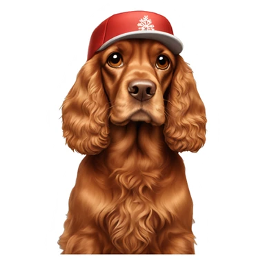 A full-length, adult, red cocker spaniel in a New Year's cap, siting sticker