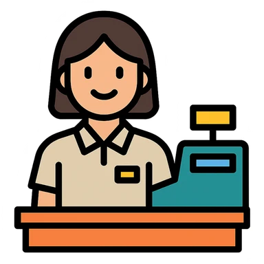 Gender-neutral cashier with shoulder-length hair, standing behind a cashier desk, smiling, wearing a neutral-colored uniform sticker