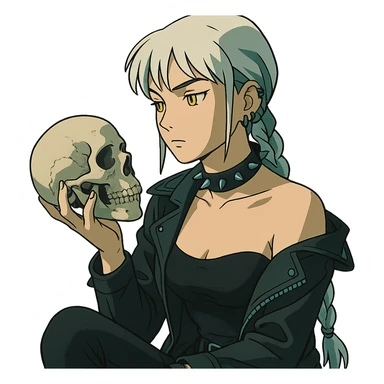 she is holding a skull, pondering as in shakespeare, a closeup portrait of young woman with gold yellow eyes, white hair, long braid, black off-shoulder top d-cup, punk gothic style, futuristic cyberwave cyberpunk, sitting position sticker