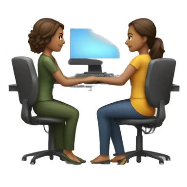 two women sitting at a computer sticker