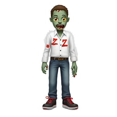 A Zombie With One Shoe On And One Shoe Off Named Zobie With A White School Shirt With Red Accents And With The Letter Z On It And Long Pants. | Photo 1 sticker