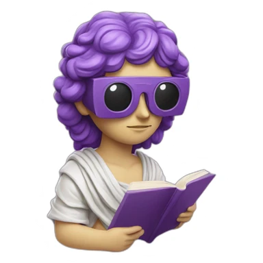 an EMOJI OF A ancient young greek statue reading a book, wearing VR glasses, purple colors, DIGITAL UNIVERSE sticker