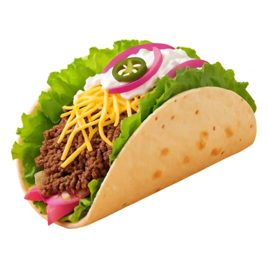 front-facing hard shell taco with pink shell, filled with lettuce, shredded yellow cheese, sliced jalapenos, brown ground beef, and a dab of sour cream sticker