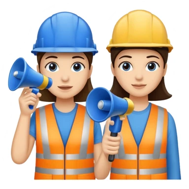 Duas pessoas com capacete de obras azul e um megafone na mão sticker