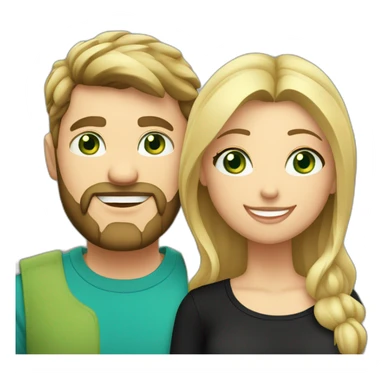 A happy couple, blond chubby girl with blue eyes and black haired and bearded man with green eyes. The man wears a black t-shirt sticker