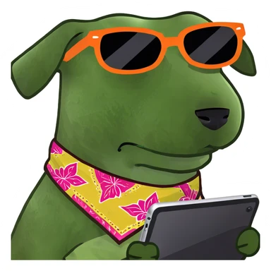 dog with sunglasses playing with ipad sticker