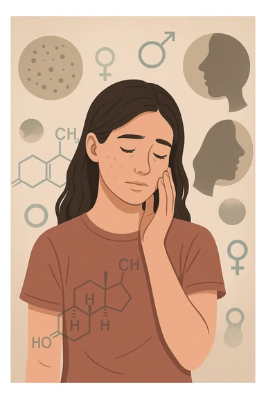 A young woman is surrounded by faint overlays of hormonal symbols and androgen molecules, with shadowy images of acne, facial hair, and oily skin projected around her, symbolizing the symptoms of PCOS with androgen excess. She looks down, gently touching her face with a resigned but hopeful expression, symbolizing her journey toward managing these symptoms. in italiano sticker