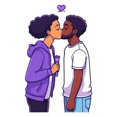 White guy with brown hair and light beard kissing black girl with black hair with purple streaks. Make them the same height sticker