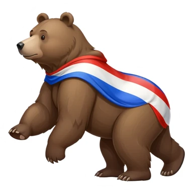 Medium brown bear on all four legs with Russian flag (white, blue, red horizontal stripes) draped over its back, minimalist style, side view sticker