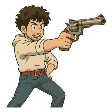 1 male, mid fade haircut dark chestnut brown curly hair, toasted lightskin, white hoodie sleeves up, fashion jeans, red fashion-sneakers shoes, red belt, short trimmed beard and goatee,  style of deku from "my hero academia", drawing a magnum revolver like dirty harry, twtich emote sticker