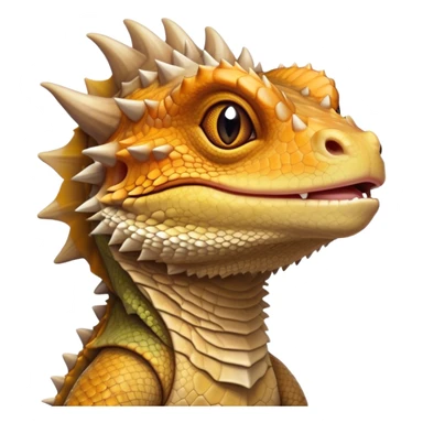 Cinematic Noble Bearded Dragon Portrait Emoji, Poised and regal, with a robust, angular build and a textured, scaled hide in earthy olive and sandy tones, a prominent spiky 'beard' beneath its chin and a keen, alert gaze, Simplified yet sharp and sophisticated features, highly detailed, glowing with a soft, dignified glow, high shine, intelligent and fierce, stylized with an air of desert majesty, focused and attentive, soft glowing outline, capturing the essence of a watchful and commanding reptile, so majestic it feels as though it could scuttle out of the screen with effortless authority! sticker