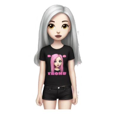 Hyperreal pale skin emo girl with long pink and black hair with black band tee with pink lettering on front sticker