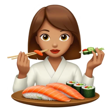 A girl with brown hair satin sushi made with cucu bed and peppers and rice sticker