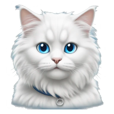 White fluffy cat sitting face forward with blue eyes and very fluffy tail and grey collar sticker